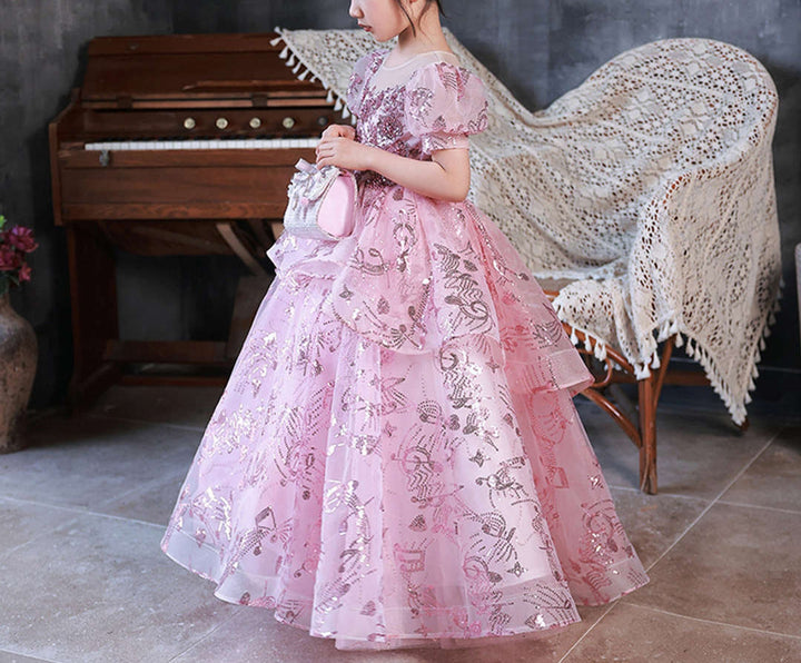 Ball Gown Short Sleeves Flower Girl Party Dresses with Rhinestone Appliques