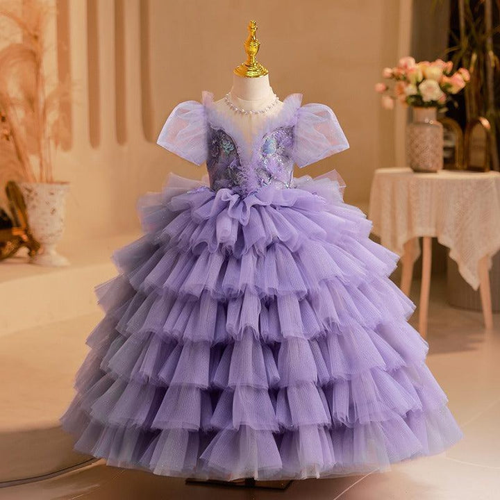 Ball Gown Short Sleeves Multi-Layered Tulle Girl Party Dresses with Appliques