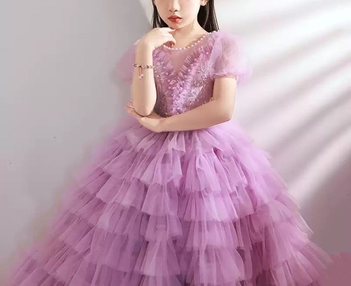 Ball Gown Short Sleeves Layered Girl Party Dresses with Rhinestone Appliques