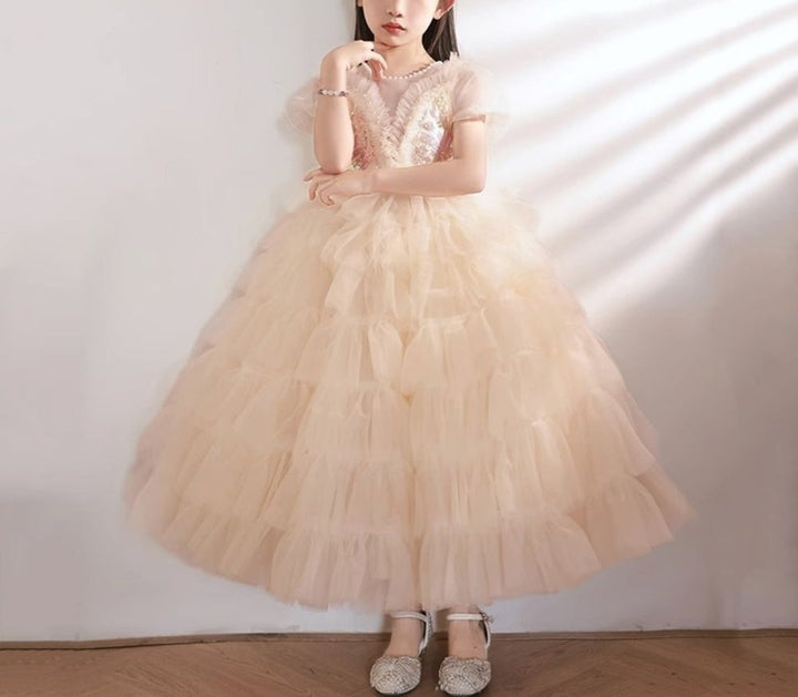 Ball Gown Short Sleeves Layered Girl Party Dresses with Rhinestone Appliques