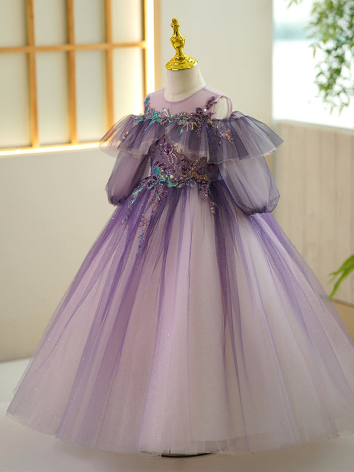 A-Line/Princess Off-the-Shoulder Flower Girl Party Dress with Rhinestone Appliques