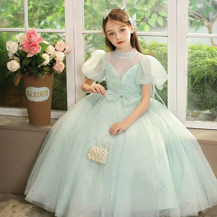 Ball Gown Short Sleeves Floor Length Flower Girl Party Dress with Rhinestone & Bow