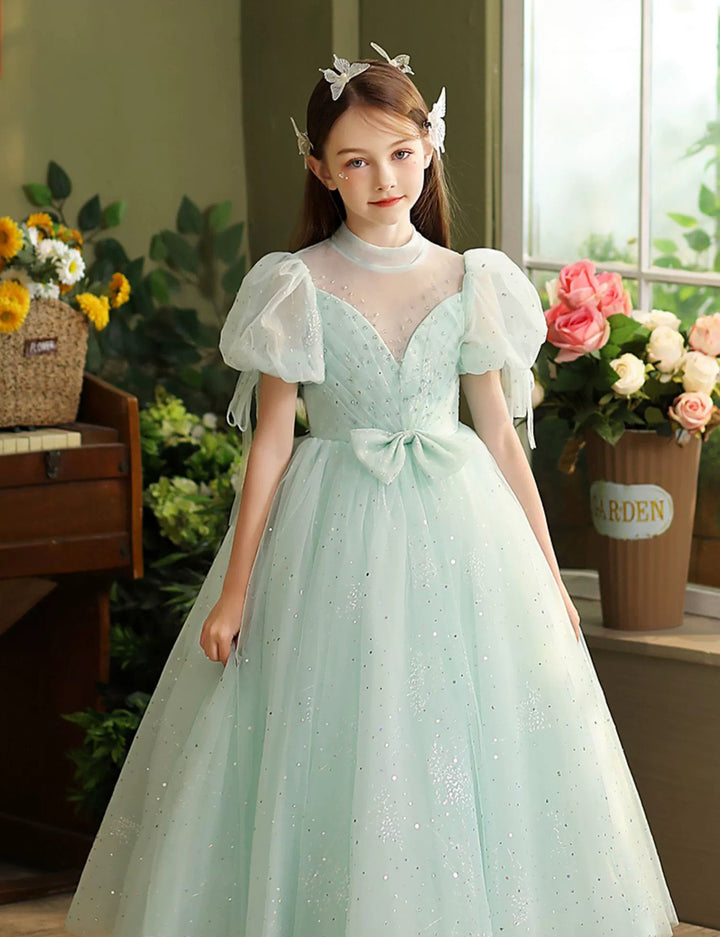 Ball Gown Short Sleeves Floor Length Flower Girl Party Dress with Rhinestone & Bow