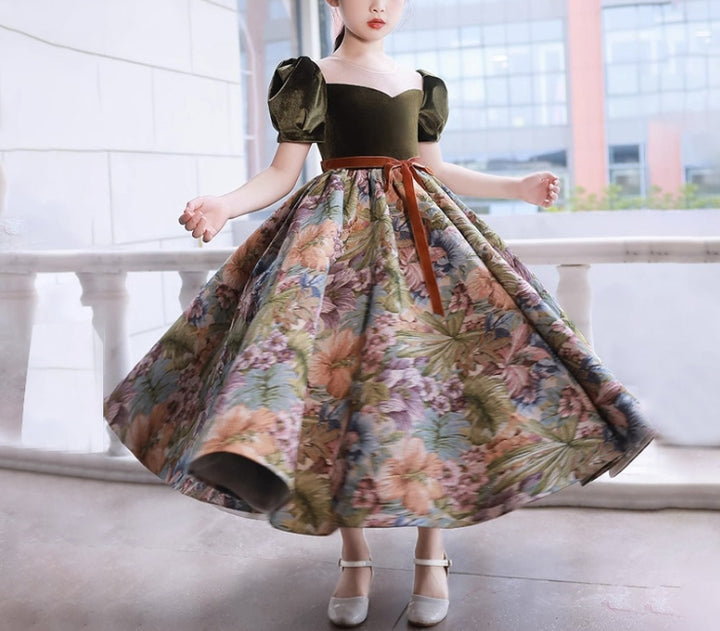 Round Neck Short Sleeves Ankle-Length Flower Girl Party Dress with Sash