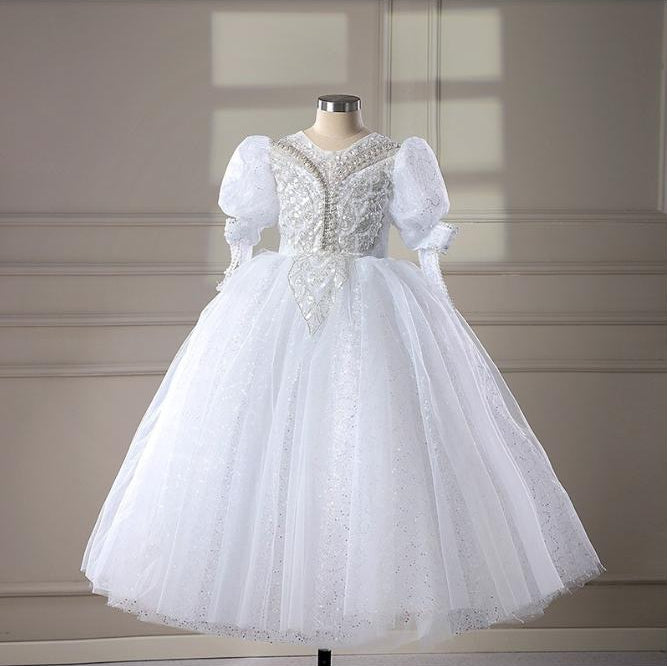 Ball Gown Long Sleeves Floor Length Flower Girl Party Dress with Rhinestone Appliques