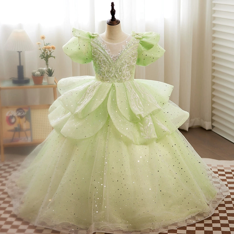 Ball Gown Puffy Short Sleeves Floor Length Girl Party Dress with Cryst