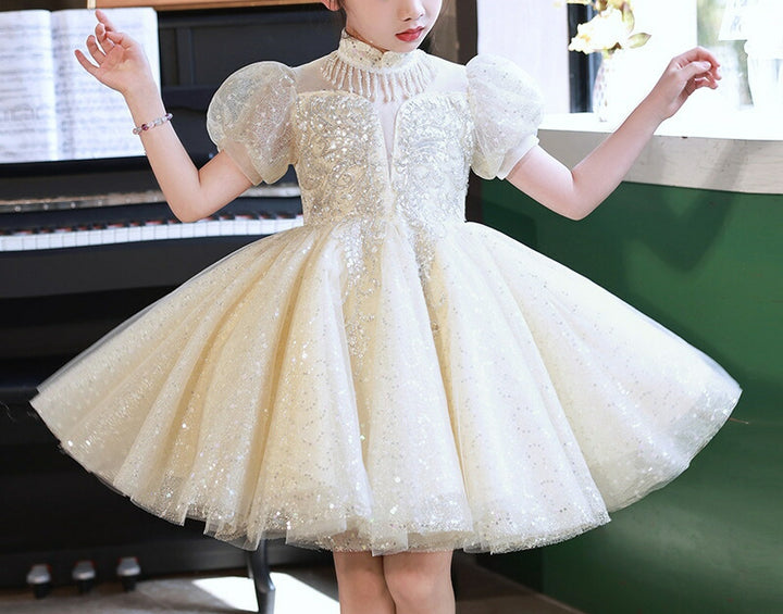 Short Sleeves Knee-Length Princess Flower Girl Lace Party Dress with Crystal Appliques