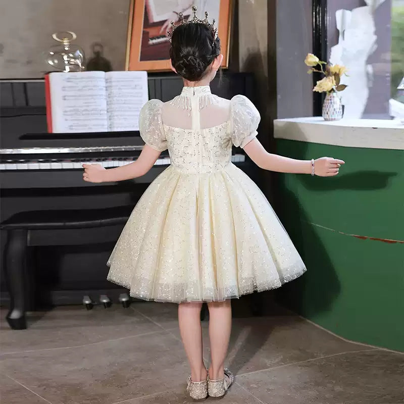 Short Sleeves Knee-Length Princess Flower Girl Lace Party Dress with Crystal Appliques