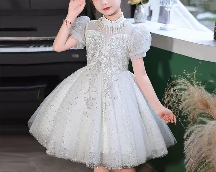 Short Sleeves Knee-Length Princess Flower Girl Lace Party Dress with Crystal Appliques