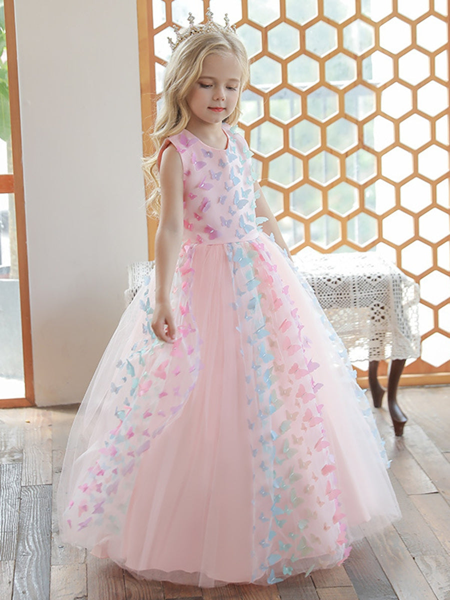 Ball Gown Scoop Neck Sleeveless Floor-Length Flower Girl Dress with 3D Butterfly