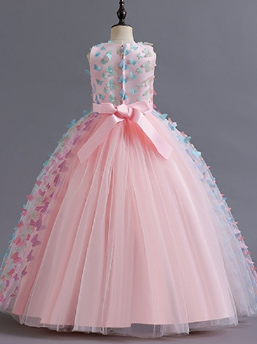 Ball Gown Scoop Neck Sleeveless Floor-Length Flower Girl Dress with 3D Butterfly