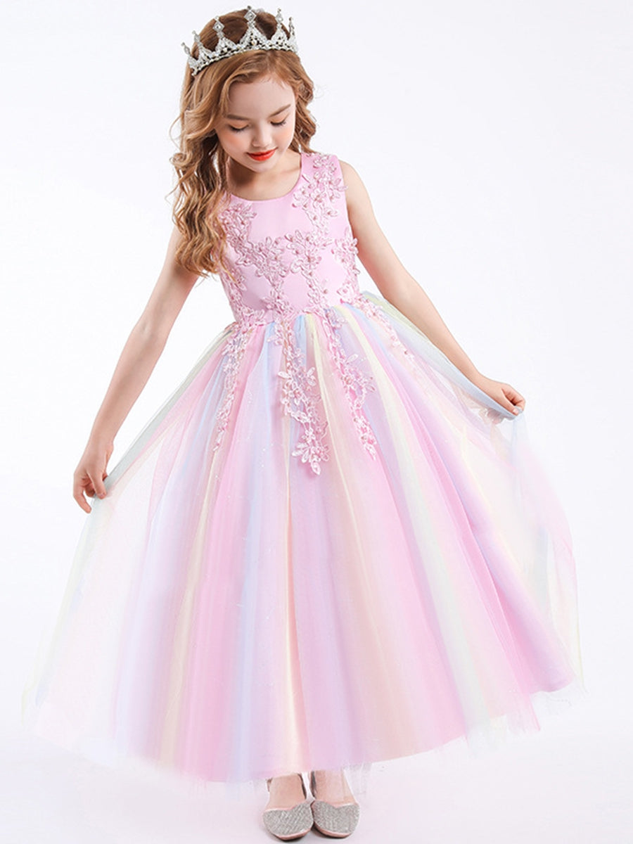 A-Line/Princess Scoop Neck Sleeveless Tulle Flower Girl Dress with Lace Appliques & Ruffles