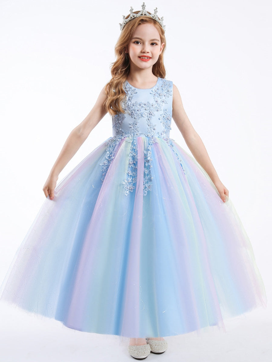 A-Line/Princess Scoop Neck Sleeveless Tulle Flower Girl Dress with Lace Appliques & Ruffles