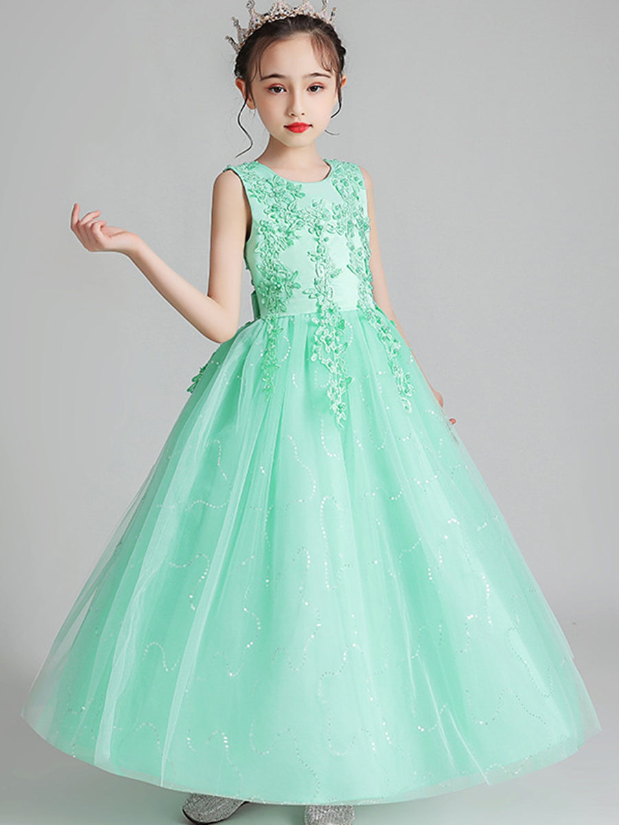 A-Line/Princess Scoop Neck Sleeveless Tulle Flower Girl Dress with Lace Appliques & Ruffles