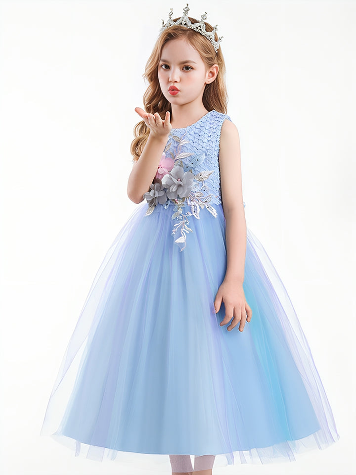 Ball Gown Scoop Neck Sleeveless Gradient Tulle Flower Girl Dress with Appliques & Embroidery