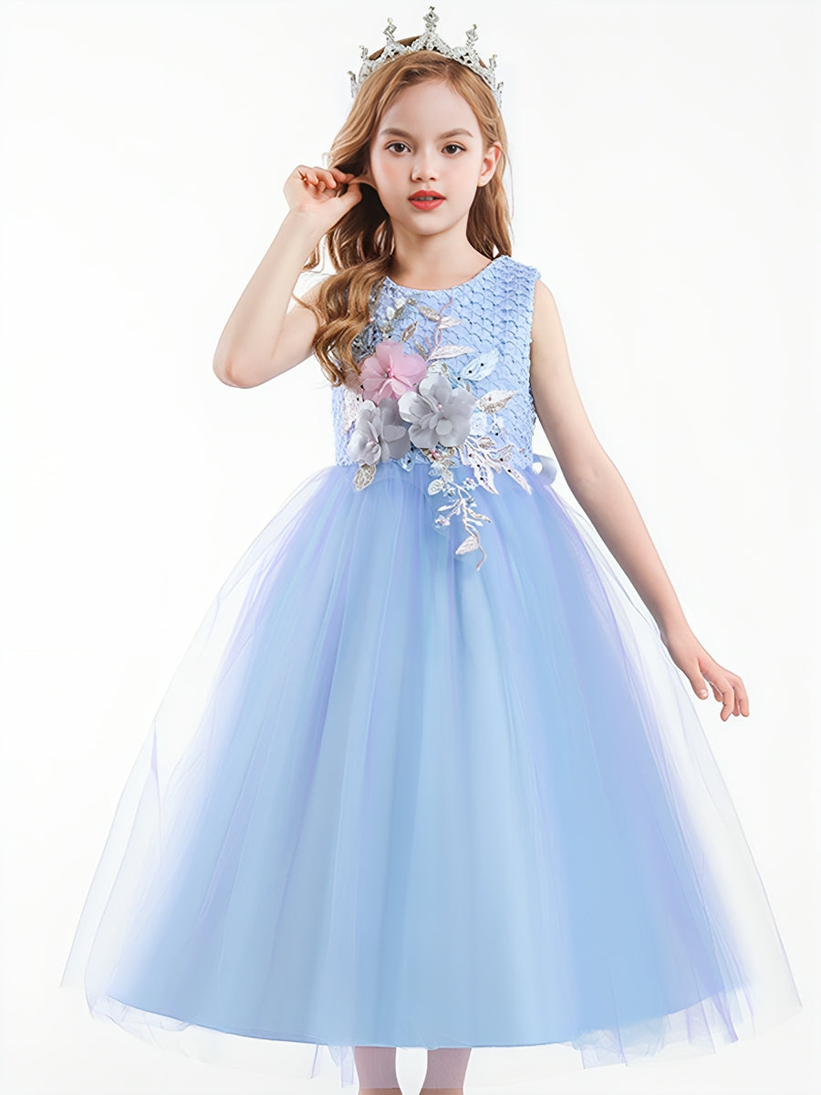 Ball Gown Scoop Neck Sleeveless Gradient Tulle Flower Girl Dress with Appliques & Embroidery