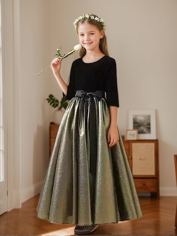 A-Line/Princess Scoop Neck Velvet Ankle-Length Flower Girl Dress with Ruffles & Bow