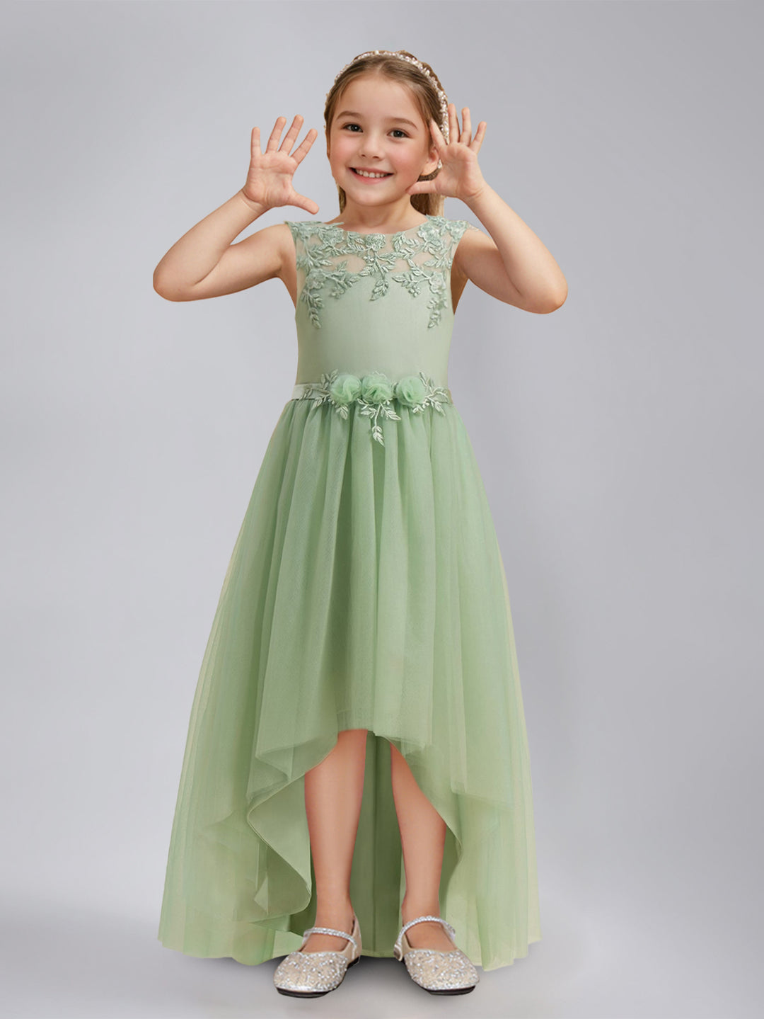 A-Line/Princess Scoop Sleeveless Asymmetrical Pleated Flower Girl Dresses with Sash & Lace Appliques A-Line/Princess Scoop Sleeveless Asymmetrical Pleated Flower Girl Dresses with Sash & Lace Appliques