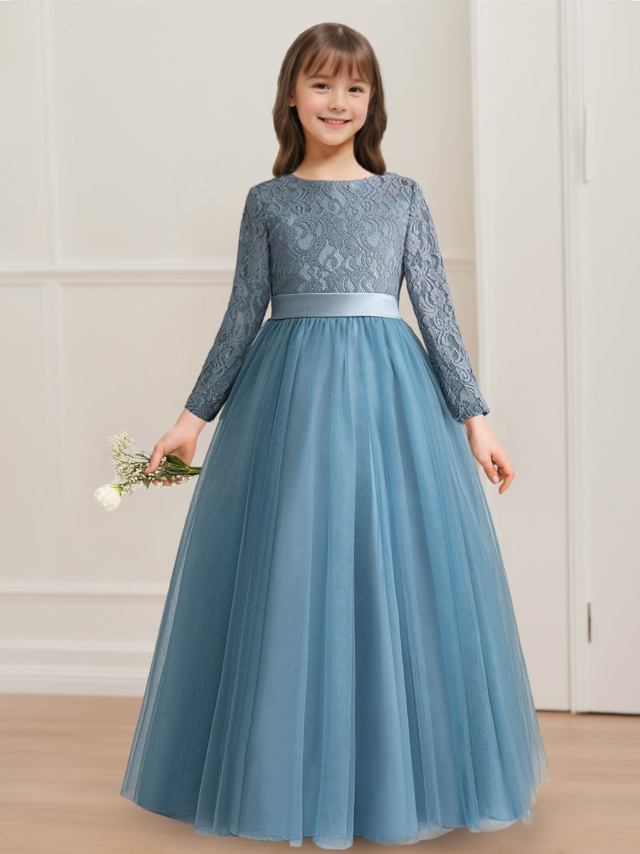 A-Line/Princess Scoop Long Sleeves Flower Girl Dresses with Bow & Appliques A-Line/Princess Scoop Long Sleeves Flower Girl Dresses with Bow & Appliques