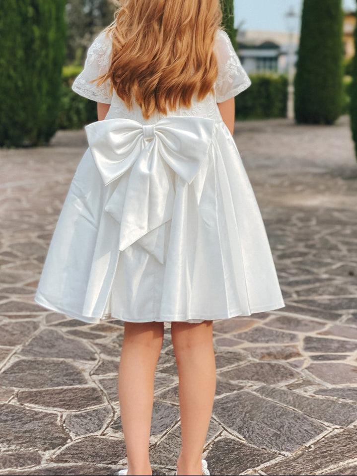 pleated flower girl dresses Champagne Flower Girl Dress with Bow
