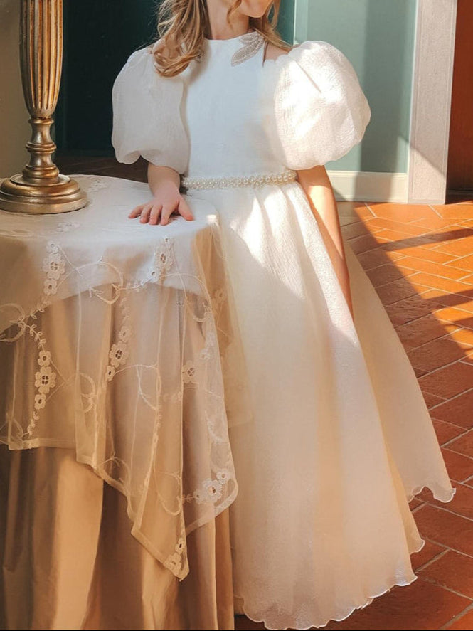 Ball-Gown Jewel Neck Puff Sleeves Floor-Length Pleated Flower Girl Dresses  with Pearls