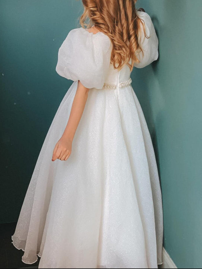 Ball-Gown Jewel Neck Puff Sleeves Floor-Length Pleated Flower Girl Dre - Mondressy Ball-Gown Jewel Neck Puff Sleeves Floor-Length Pleated Flower Girl Dre - Mondressy
