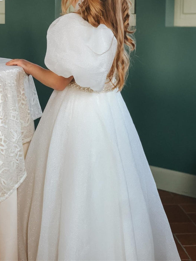 pleated button detailed woven midi dress Cute White Pleated Long Flower Girl Dress with Pearls FancyVestido