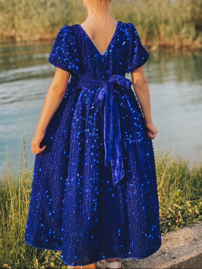 blue dress for baby girl A-Line/Princess V-Neck Short Sleeves Ankle-Length Pleated Birthday Girl Dresses with Sequins & Bow Self-Tie