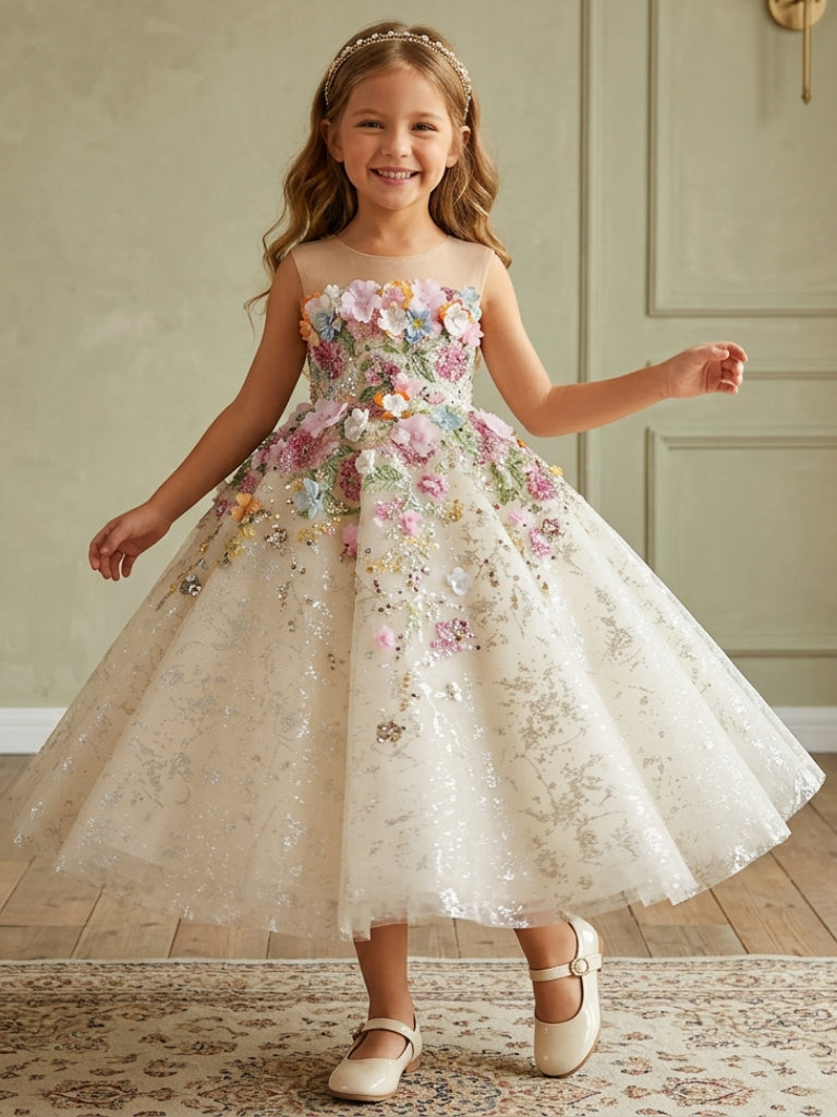 Cute Ivory Flower Girl Dress A-Line Scoop Neck 3D Flower Tulle Dress