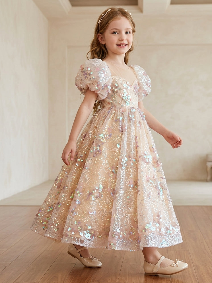 A-Line/Princess Scoop Sequins Flower Girl Dresses Puff Sleeves Ankle-Length, As Pic / 80