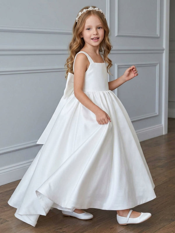 A-Line/Princess Square Collar Flower Girl Dresses with Bow Ankle Length Sleeveless