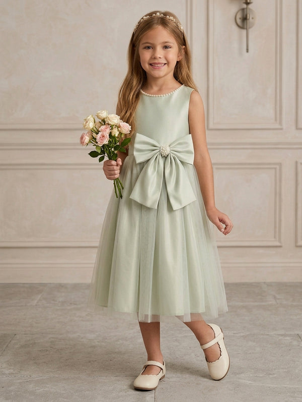 A-Line/Princess Scoop Flower Girl Dresses with Bowknot Tulle Tea Length Sleeveless