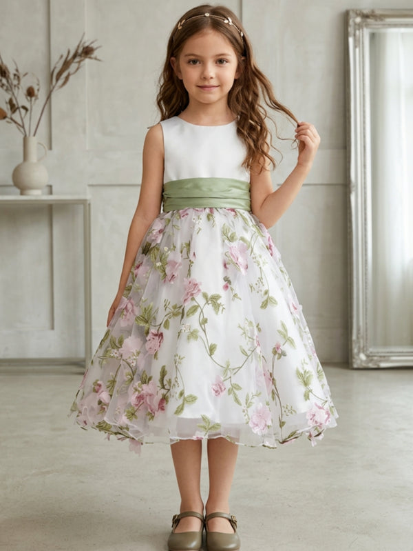 A-Line/Princess Scoop Flower Girl Dresses with Bowknot Floral Tulle Tea Length Sleeveless