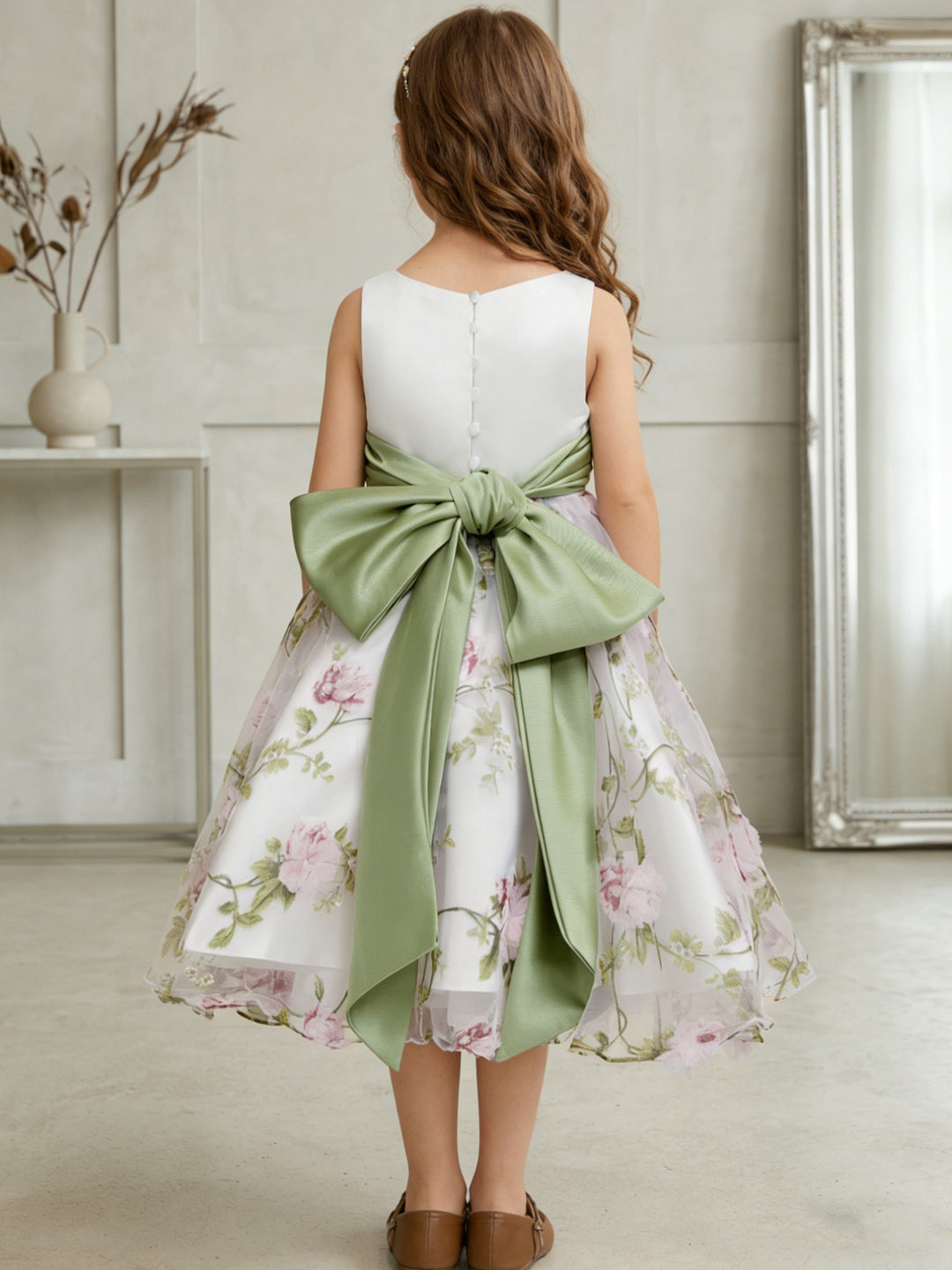 A-Line/Princess Scoop Flower Girl Dresses with Bowknot Floral Tulle Tea Length Sleeveless, As Pic
