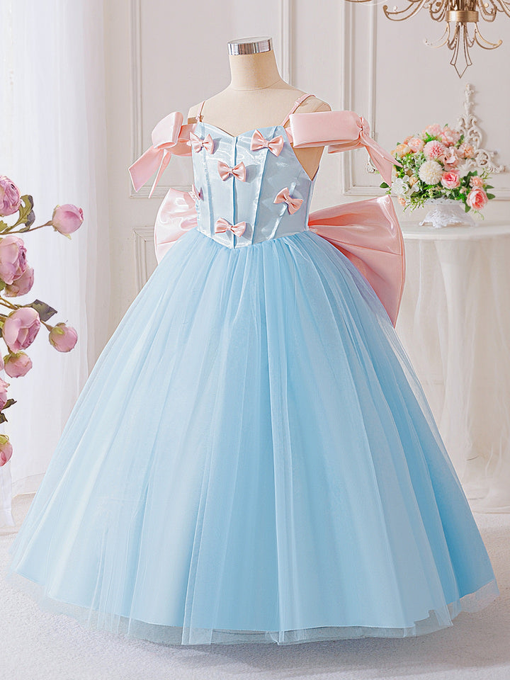 A-Line/Princess Off-the-Shoulder Tulle Flower Girl Dresses with Bowknot Satin Sleeveless Ankle-Length