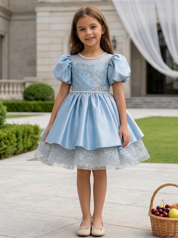A-Line/Princess Scoop Satin Flower Girl Dresses Puff Sleeves Beading Knee-Length