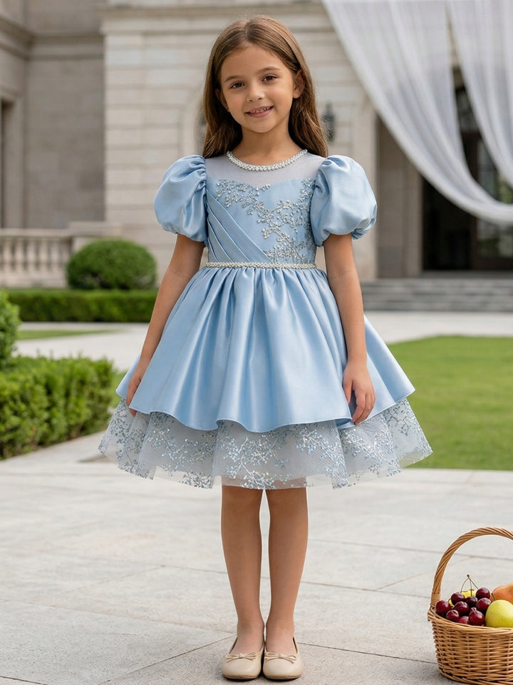 A-Line/Princess Scoop Satin Flower Girl Dresses Puff Sleeves Beading Knee-Length