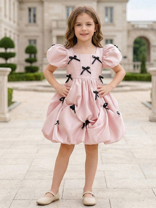 A-Line/Princess Square Collar Satin Flower Girl Dresses Puff Sleeves Bowknot Knee-Length