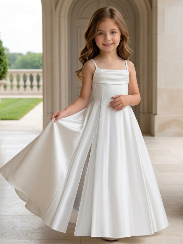 A-Line/Princess Spaghetti Straps Satin Flower Girl Dresses With Split Side Ankle-Length Sleeveless