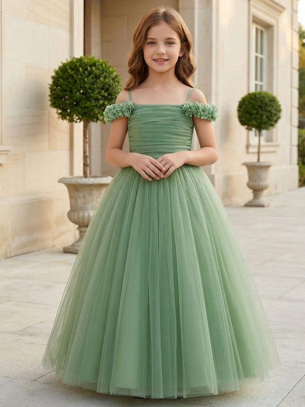 A-Line/Princess Off-the-Shoulder Tulle Flower Girl Dresses Sleeveless Ankle-Length Ruched