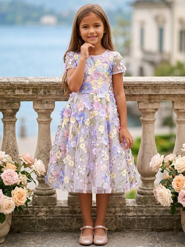 A-Line/Princess Scoop Short Sleeves Tea-Length Flower Girl Dresses Embroidery with 3D Flowers