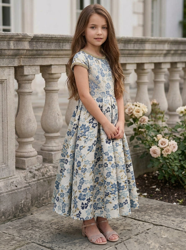 A-Line/Princess Scoop Short Sleeves Ankle-Length Flower Girl Dresses Jacquard Floral
