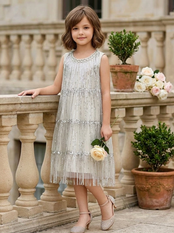 A-Line/Princess Scoop Flower Girl Dresses Sleeveless Tea-Length Sequins