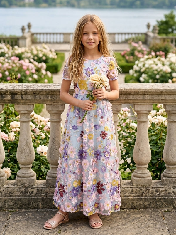 A-Line/Princess Scoop Short Sleeves Ankle-Length Flower Girl Dresses Embroidery with 3D Flowers