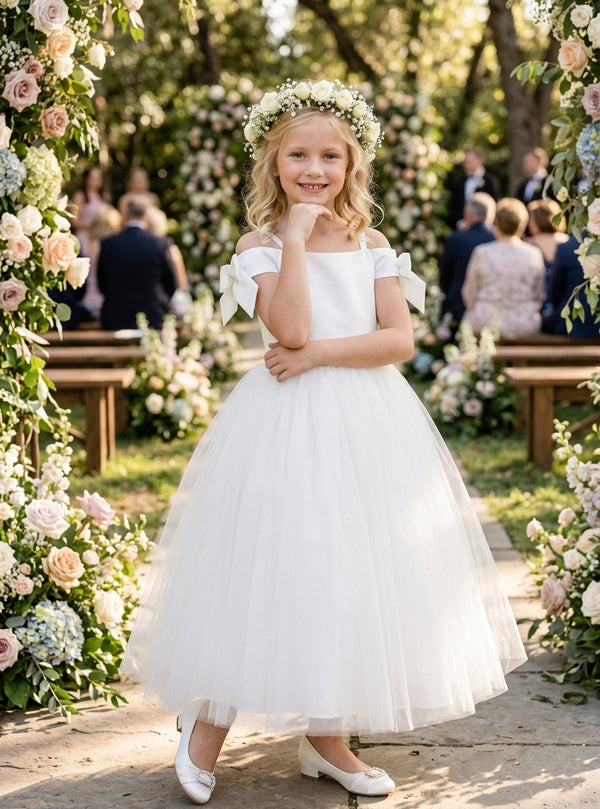 A-Line/Princess Off-the-Shoulder Flower Girl Dresses with Bowknot Tulle Ankle-Length Sleeveless