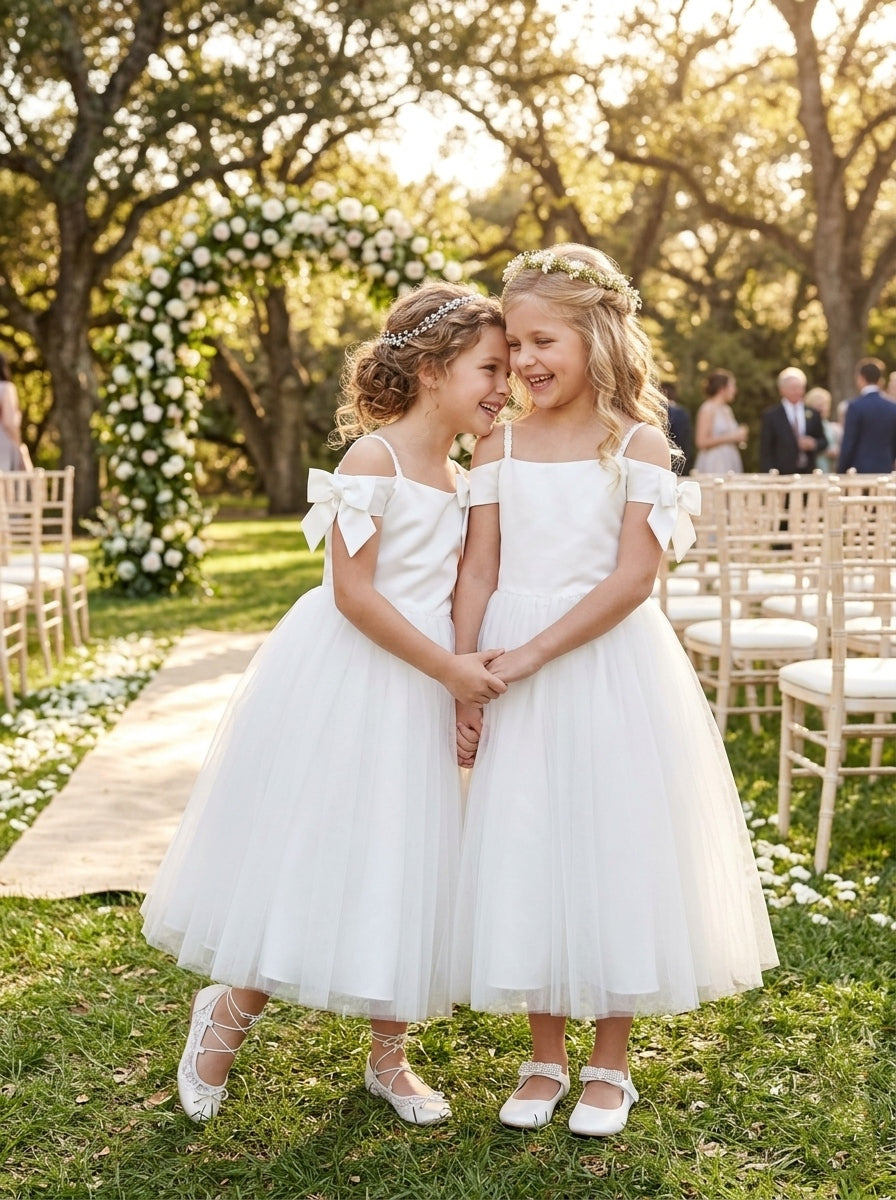 A-Line/Princess Off-the-Shoulder Flower Girl Dresses with Bowknot Tulle Ankle-Length Sleeveless