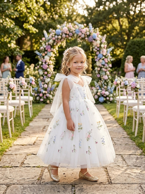 A-Line/Princess V-Neck Sleeveless Ankle-Length Flower Girl Dresses Tulle Floral