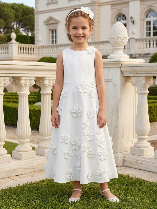 A-Line/Princess Scoop Sleeveless Ankle-Length Flower Girl Dresses Stretch Satin With 3D Flowers