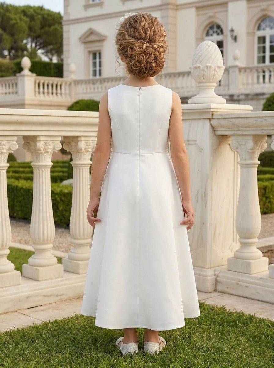 A-Line/Princess Scoop Sleeveless Ankle-Length Flower Girl Dresses Stretch Satin With 3D Flowers