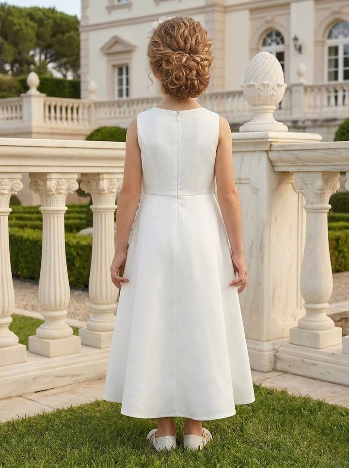 A-Line/Princess Scoop Sleeveless Ankle-Length Flower Girl Dresses Stretch Satin With 3D Flowers